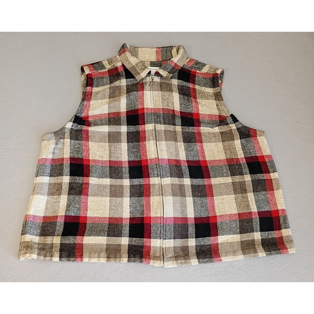 CJ Banks Womens Textured Plaid Zip Front Vest Sz‎ 2X Red Brown Black Christmas
